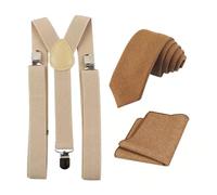 DB Dickie Bow Men's Luxury Wool Tie & Pocket Square (Brown) and Braces (Beige) Set - suitable for formalwear, office, weddings, parties, grooms & groomsmen outfits