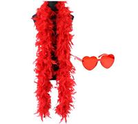 db11 Colorful Feather Boas, 6.6ft Feather Boa for Women for Dancing Wedding Party Cosplay Halloween,with Heart Rimless Sunglasses (Red)