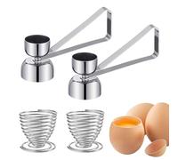 DBAILY Egg Topper 2 PCS Double-Sided Egg Opener Stainless Steel Eggshell Cutter Egg Cracker Remover Egg Cracker Tool Stainless Steel with 2 Egg Holder for Hard Soft Boiled Eggs