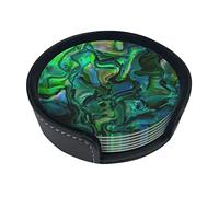 Dbart Abalone Nacre Coasters For Drinks, 6 Pcs Leather Coaster With Holder, Round Cup Mat Pad Set For Home Office Table Decoration