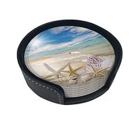 Dbart Beach Starfish Coasters For Drinks, 6 Pcs Leather Coaster With Holder, Round Cup Mat Pad Set For Home Office Table Decoration