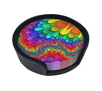 Dbart Bright Color Coasters For Drinks, 6 Pcs Leather Coaster With Holder, Round Cup Mat Pad Set For Home Office Table Decoration