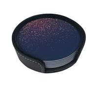 Dbart Navy Blue Sky And Stars Coasters For Drinks, 6 Pcs Leather Coaster With Holder, Round Cup Mat Pad Set For Home Office Table Decoration