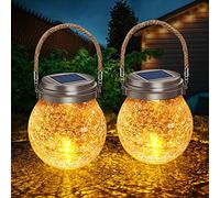 DBF Solar Lantern Crackle Glass Ball, Amber Warm LED Solar Lanterns Outdoor Waterproof Patio Decor Solar Garden Lights with 2 Modes Hanging Solar Lights Outdoor Decorative Lantern for Yard Tree,2 Pack