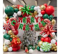 DBKL Christmas Balloon Garland Arch kit with Merry Christmas Banner and Red White Green Cane Balloon Candy Balloons Gift Box Explosion Star Foil Balloons for Xmas Party Decorations