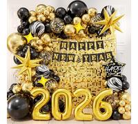DBKL Happy New Year Balloon Garland Arch Kit, 2026 New Years Balloons with Black Gold Agate Confetti New Year Star Foil Balloons for Eve Birthday Graduations Party Decorations
