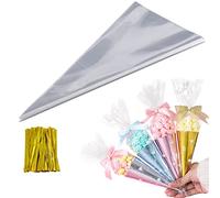 DBOO 100 Pcs Clear Cone Bags Sweets Cellophane Treat Bag with 100 Gold Twist Ties for Snacks Popcorn Chocolates Candy Party