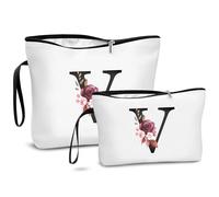 DBPBToU A-Z Makeup Bag with Letters, 2 Piece Set Make Up Bag and Travel Toiletry Organizer for Women, Personalized Cosmetic Bags, Creative Gifts for Women, Ideal Birthday Present for Mother (V)