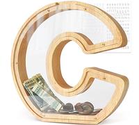 DBPBToU Money Box for Kids Piggy Bank, Large 23 x 4 x 23 cm, Personalised Transparent Wooden Letter Money Box for Birthday Gift/Home Decoration/Keepsake (C)