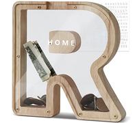 DBPBToU Money Box for Kids Piggy Bank, Personalised Wooden Letter Money Box for Birthday Gift/Home Decoration/Keepsake (R)