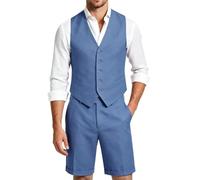 Dbutiy Mens 2-Piece Linen Summer Suit - Beach Wedding Guest Outfit with Vest and Shorts Set, Light Blue, Medium