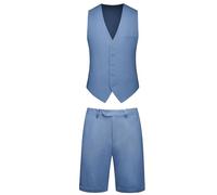 Dbutiy Mens 2-Piece Linen Summer Suit - Beach Wedding Guest Outfit with Vest and Shorts Set, Light Blue, XXL