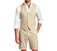 Dbutiy Mens 2-Piece Linen Summer Suit - Beach Wedding Guest Outfit with Vest and Shorts Set, Light Khaki, XL