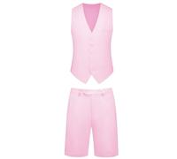 Dbutiy Mens 2-Piece Linen Summer Suit - Beach Wedding Guest Outfit with Vest and Shorts Set, Light Pink, Medium
