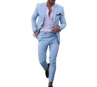 Dbutiy Men's Linen Suits 2-Piece Set - Summer Beach Wedding Groom Suit for Men Prom Tuxedo Jacket & Pants, Sky Blue, L