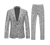 Dbutiy Men's Shiny Sequins Suit 2 Piece Set - Glitter Sparkle One Button Tuxedo Blazer & Pants for Wedding, Party, Prom, Silver, XS