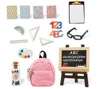 Dbvnnsy 17Pcs/Set Mini School Supplies Dollhouse, Including Tiny Backpack, Mini Blackboard, Pencil, Glasses, Stationery, Books Plastic Mini Dollhouse Accessories Dollhouse Miniatures Set