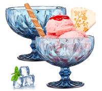 Dbvnnsy 2Pcs 10oz Ice Cream Bowls, Vintage-Style Footed Dessert Bowls, 4.7" Glass Trifle with Pedestal for Sundae, Salad, Cocktail & (Blue)