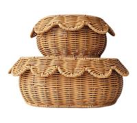 Dbvnnsy 2PCS Large Hand-Woven Scalloped Rattan Baskets with Lids, Decorative Wicker Storage Baskets for Bedroom, Living Room, Home Decor