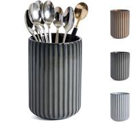 DBZQSCW Stoneware Coffee Bar Utensil Holder, Coffee Spoon Tea Spoons Stirrer Holder for Stir Stick Straw Teaspoon Holder Spoon Cup Small Utensil Jar Fluted Stripe Outer(Grey)