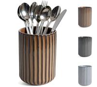 DBZQSCW Stoneware Coffee Bar Utensil Holder, Coffee Spoon Tea Spoons Stirrer Holder for Stir Stick Straw Teaspoon Holder Spoon Cup Small Utensil Jar Fluted Stripe Outer(Brown)