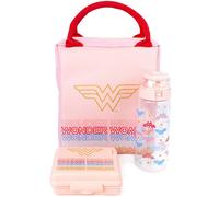 DC Comics Wonder Woman Lunch Bag | Rectangular Tote Style 3 Piece Set with Water Bottle & Snack Container | Embrace Superhero Power | Pink Shield Design for Adults & Kids | Wonder Durable Material