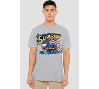 DC Comics American Flag Retro T-Shirt, Athletic Heather in Light Grey | Size: Small DC Comics Light Grey S