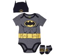 DC Comics Batman Baby Clothes 3-Piece Set with Bodysuit Baby Hat and Baby Socks - Batman Baby Gift Set (Black/Yellow 3-6M)