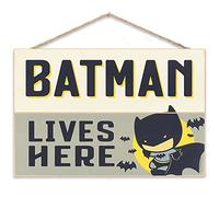 DC Comics Batman Sign - Superhero Hanging Wood Wall Decor for Kids' Bedroom or Nursery - Batman Lives Here
