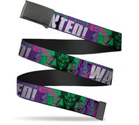 DC Comics Belt, Flip Web Belt The Joker Wanted Smiling Pose and Graffiti Purples Greens, Adjustable, Multicolor, 1.25" Wide - Fits up to Pant Size 42