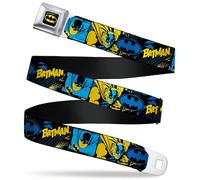 DC Comics Belt, Seatbelt Buckle Belt, Batman Poses and Logo Collage Black Blue Yellow, Adjustable, Multi-color, 1.0" Wide - Fits Pant Size 20-36