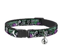 DC Comics Breakaway Cat Collar With Bell, Plastic Clip, Easy Adjustable, Joker Poses Joker Card Haha Smile Bang Gray Green Purple, 8.5 to 12 Inches 0.5 Inch Wide