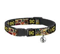 DC Comics Breakaway Cat Collar With Bell, Plastic Clip, Easy Adjustable, Vintage DC Comics Superhero and Logos Collage Black, 8.5 to 12 Inches 0.5 Inch Wide