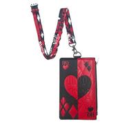 DC Comics Harley Quinn Lanyard with Passport Holder, Clear ID Card Slot, Coin Zipper Pouch and Detachable Neck Strap, Summer Vacation 2022 Travel Accessories, 7 inches, Red, Black, 68.58 cm, Lanyard