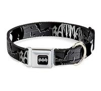 DC Comics Pet Collar, Dog Collar Metal Seatbelt Buckle, Batman Bat Signals Flying Bats Black White, 16 to 23 Inches 1.5 Inch Wide