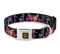 DC Comics Pet Collar, Dog Collar Metal Seatbelt Buckle, Batman Batgirl and Joker Comic Book Cover Face Close Ups Blac, 11 to 16.5 Inches 1.0 Inch Wide