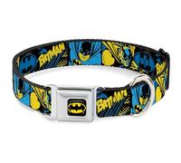 DC Comics Pet Collar, Dog Collar Metal Seatbelt Buckle, Batman Poses and Logo Collage Black Blue Yellow, 9.5 to 13 Inches 1.0 Inch Wide