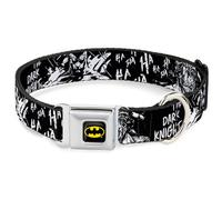 DC Comics Pet Collar, Dog Collar Metal Seatbelt Buckle, Batman The Dark Knight and Joker Smiling Close Up Black, 13 to 17 Inches 1.5 Inch Wide