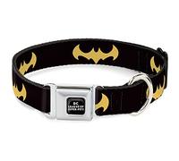 DC Comics Pet Collar, Dog Collar Metal Seatbelt Buckle, DC League of Super Pets Batman Bat Logo Black Yellow, 20 to 31 Inches 1.5 Inch Wide