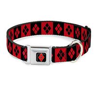 DC Comics Pet Collar, Dog Collar Metal Seatbelt Buckle, Harley Quinn Diamond Blocks Red Black Red, 13 to 17 Inches 1.5 Inch Wide