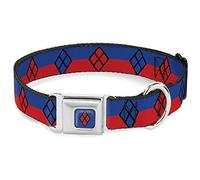 DC Comics Pet Collar, Dog Collar Metal Seatbelt Buckle, Harley Quinn Diamond Stripe Red Blue, 20 to 31 Inches 1.5 Inch Wide