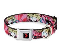 DC Comics Pet Collar, Dog Collar Metal Seatbelt Buckle, Harley Quinn Puddin Poses Anime Graphics Pink Red, 13 to 17 Inches 1.5 Inch Wide