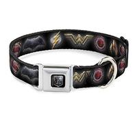 DC Comics Pet Collar, Dog Collar Metal Seatbelt Buckle, Justice League 2017 Superhero Icons Black, 11 to 16.5 Inches 1.0 Inch Wide