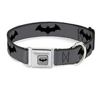 DC Comics Pet Collar, Dog Collar Metal Seatbelt Buckle, Retro Bat Logo Gray Black, 15 to 24 Inches 1.0 Inch Wide