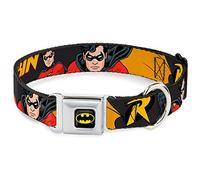 DC Comics Pet Collar, Dog Collar Metal Seatbelt Buckle, Robin Red Black Poses Gray, 15 to 24 Inches 1.0 Inch Wide