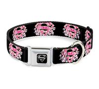 DC Comics Pet Collar, Dog Collar Metal Seatbelt Buckle, Super Shield Hibiscus Design Black Pink, 11 to 16.5 Inches 1.0 Inch Wide