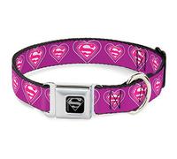 DC Comics Pet Collar, Dog Collar Metal Seatbelt Buckle, Superman Logo In Heart Purple White Pink, 11 to 16.5 Inches 1.0 Inch Wide