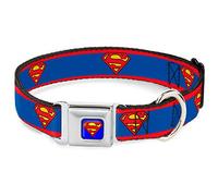 DC Comics Pet Collar, Dog Collar Metal Seatbelt Buckle, Superman Shield Stripe Red Blue, 11 to 16.5 Inches 1.0 Inch Wide