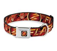 DC Comics Pet Collar, Dog Collar Metal Seatbelt Buckle, The Flash Logo Poses Black Red Gold, 11 to 16.5 Inches 1.0 Inch Wide