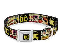 DC Comics Pet Collar, Dog Collar Metal Seatbelt Buckle, Vintage DC Comics Superhero and Logos Collage Black, 11 to 16.5 Inches 1.0 Inch Wide